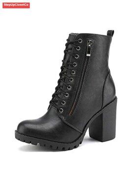 Faux Leather Chunky Heel Lace Up Ankle Booties with Pocket